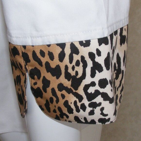 CHICO'S Top, 1/M, White, NO Iron, Leopard Accents, 3/4 sleeves, hidden buttons - Picture 5 of 13